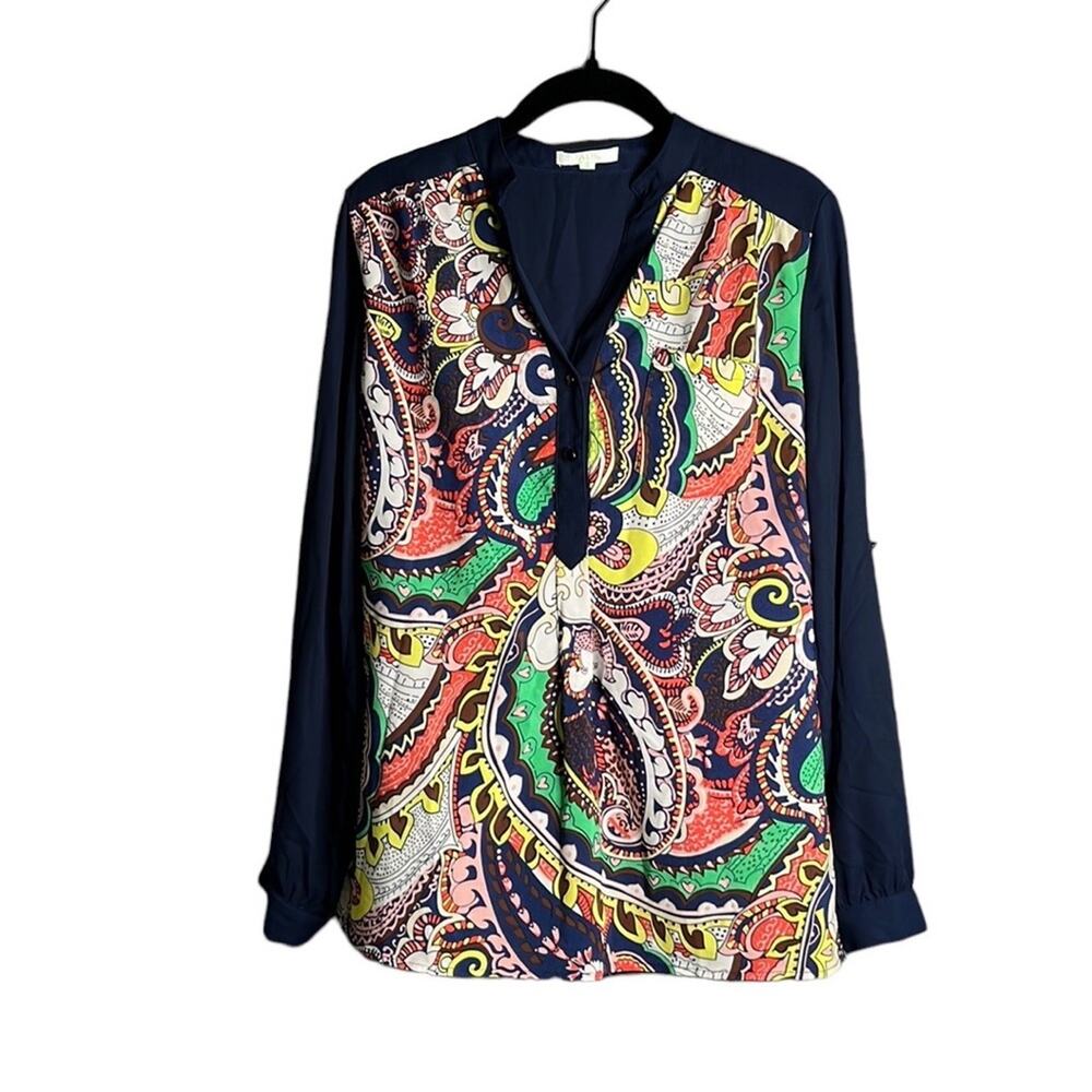 Jade Navy Blue and Colorful Print Long Sleeve Blouse Medium